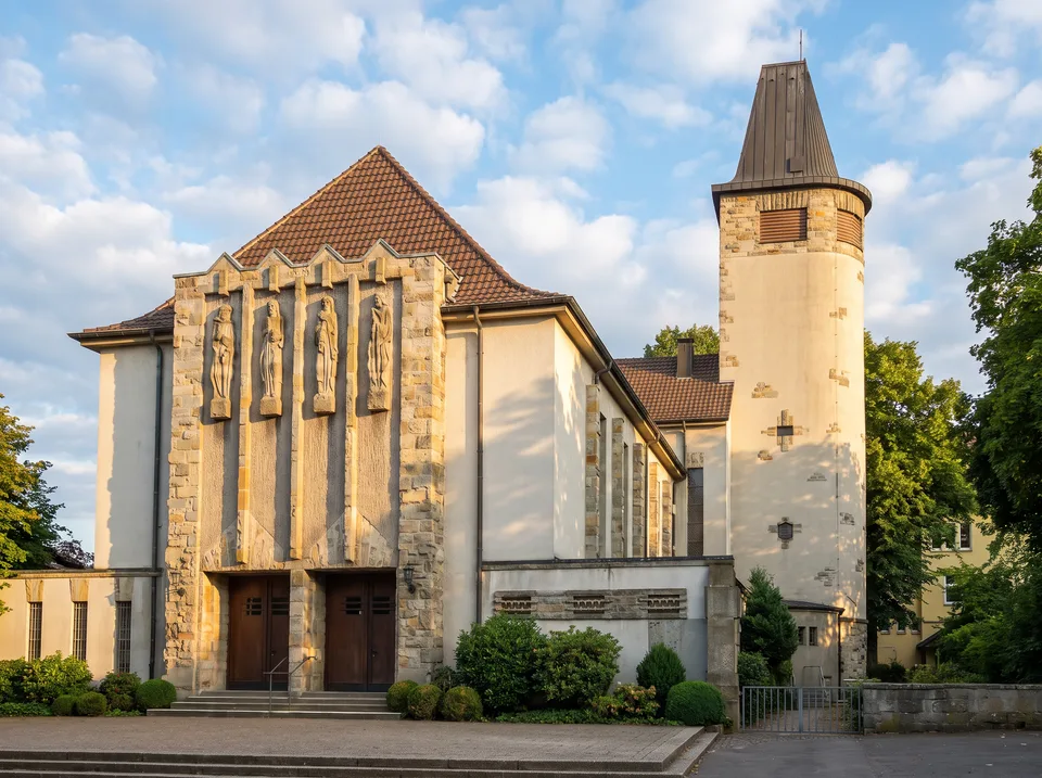Die expressionistische Kirche Christus König in Oer-Erkenschwick mit Natursteinfassade, vier Evangelistenfiguren und rundem Kirchturm