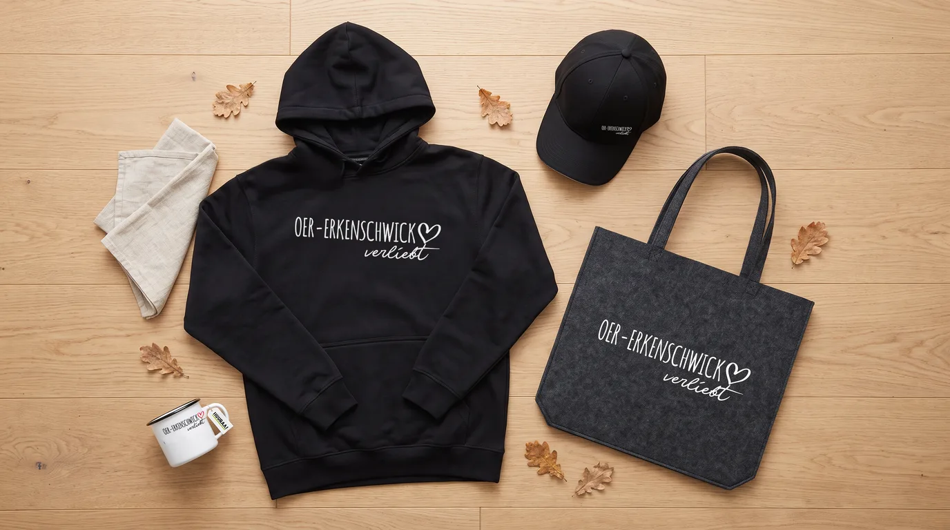 Flatlay mit schwarzem Hoodie Oer-Erkenschwick verliebt, grauem Filzshopper, schwarzer Cappy und Emaille-Tasse auf Holzboden