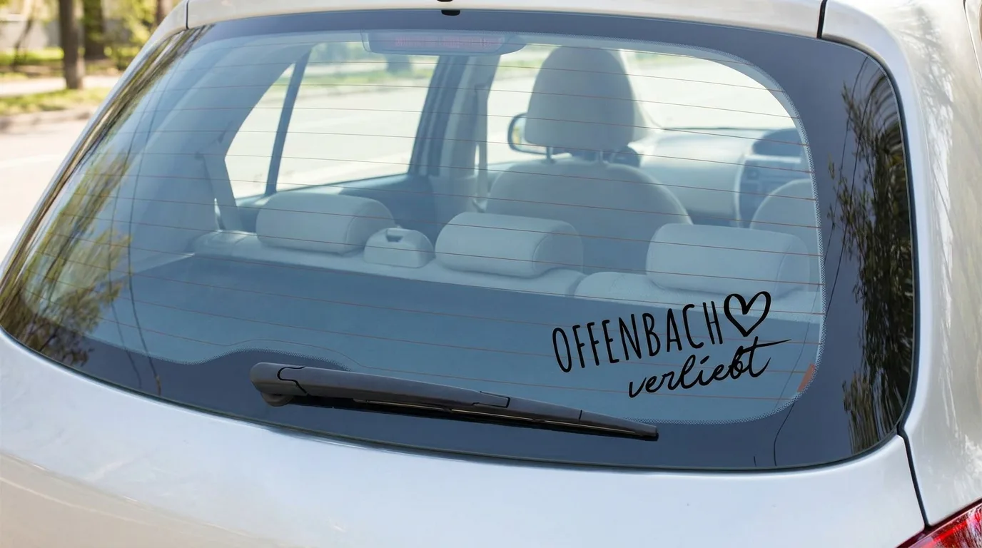 Autoaufkleber Offenbach verliebt mit Herz auf der Heckscheibe eines silbernen Autos