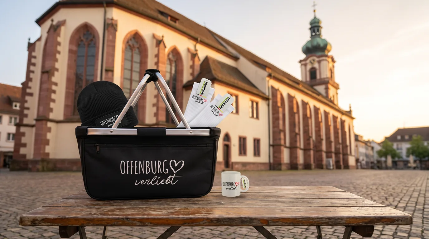 Schwarzer faltbarer Einkaufskorb „Offenburg verliebt“ mit Beanie und Socken, daneben die weiße Kaffeetasse, auf einem Holztisch vor der Heilig-Kreuz-Kirche