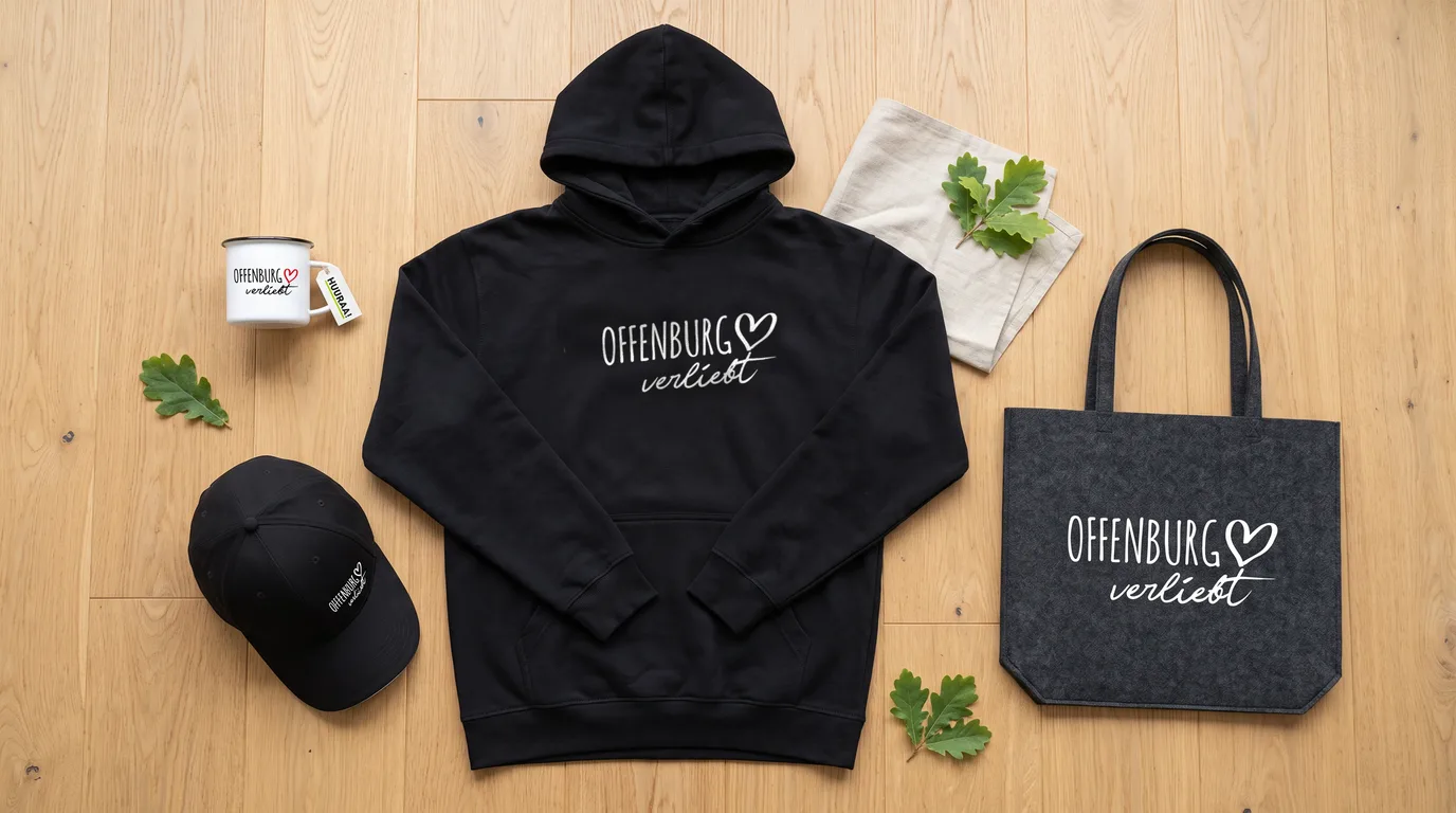 Flatlay mit schwarzem Hoodie „Offenburg verliebt“, schwarzer Cappy, Emaille-Tasse und grauem Filzshopper auf hellem Holzboden