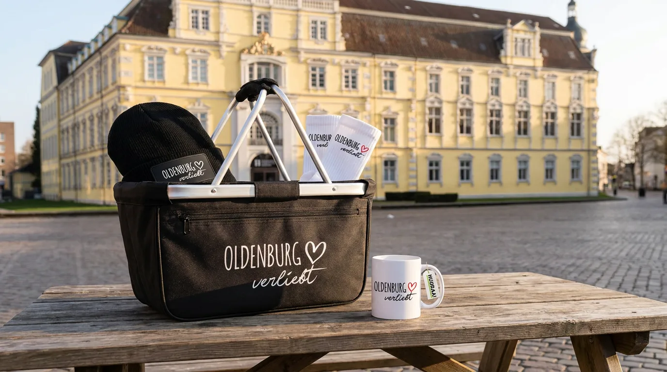 Faltbarer Einkaufskorb mit Beanie und Socken sowie Kaffeetasse mit Oldenburg-verliebt-Druck auf einem Holztisch vor dem Oldenburger Schloss