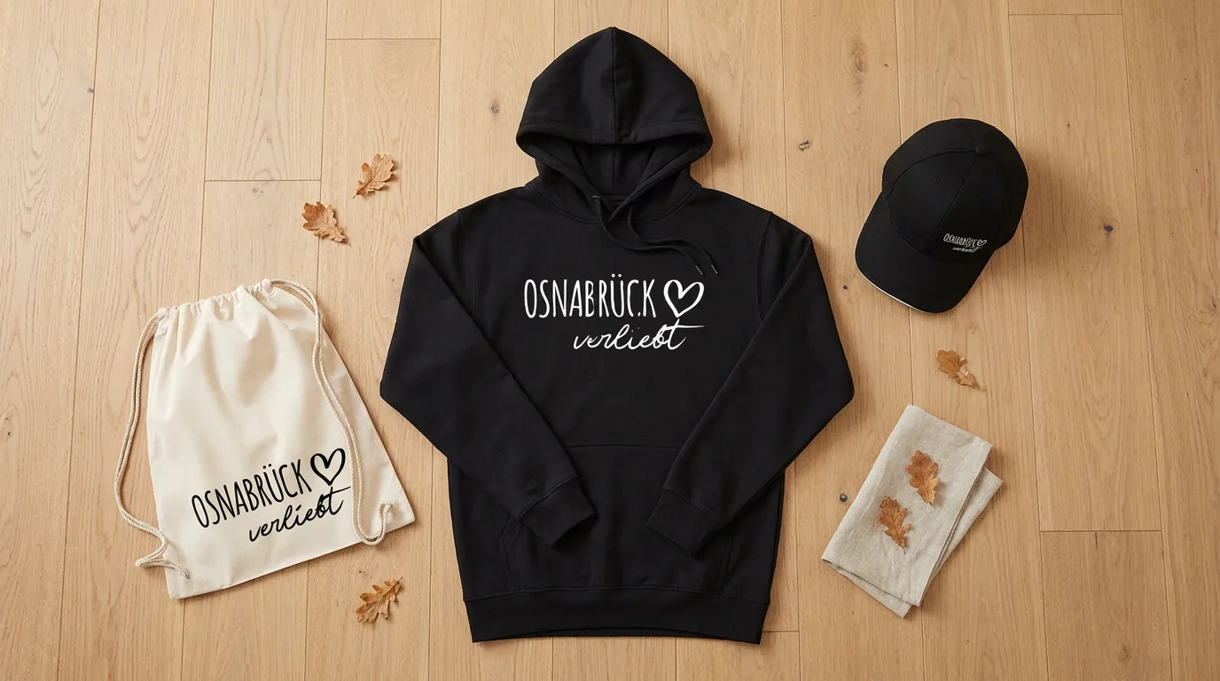 Flatlay mit schwarzem Hoodie, Turnbeutel und Cap mit Osnabrück-verliebt-Druck auf Holzboden
