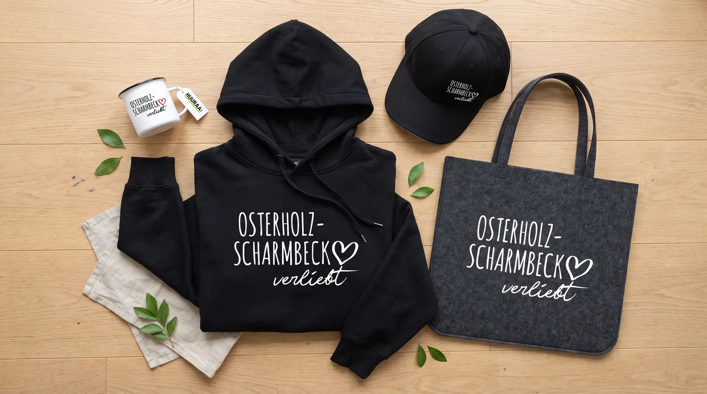 Flatlay mit schwarzem Hoodie, Cap, Emaille-Tasse und Filzshopper mit Osterholz-Scharmbeck-verliebt-Druck auf Holzboden