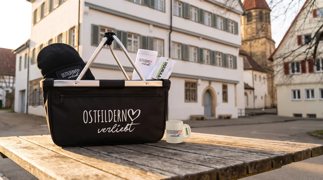 Faltbarer Einkaufskorb Ostfildern verliebt mit Beanie und Socken, daneben eine Kaffeetasse, auf einem Holztisch im Klosterhof Nellingen