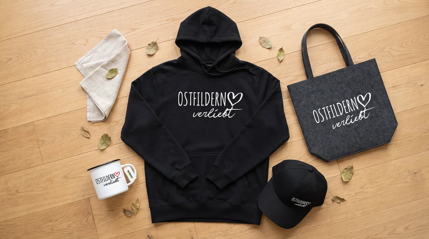 Flatlay mit schwarzem Hoodie, Cap, Emaille-Tasse und Filzshopper mit Ostfildern-verliebt-Druck auf Holzboden