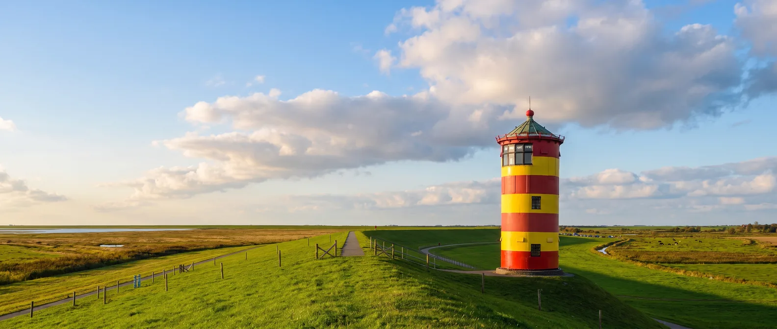 Rot-gelb gestreifter Pilsumer Leuchtturm auf dem grünen Nordseedeich bei Pilsum unter blauem Himmel
