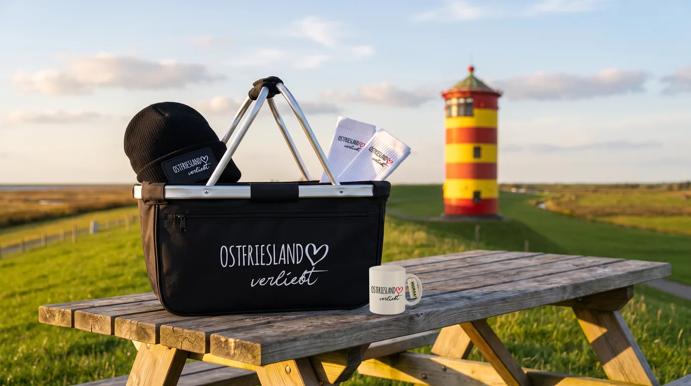 Schwarzer faltbarer Einkaufskorb „Ostfriesland verliebt“ mit Beanie und Socken, daneben die Kaffeetasse, auf einem Holztisch vor dem Pilsumer Leuchtturm