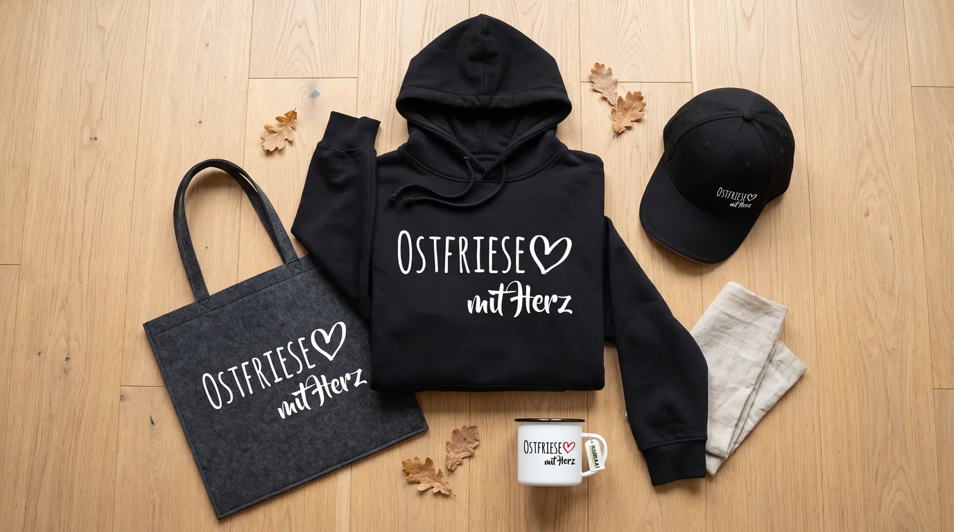 Flatlay mit schwarzem Hoodie „Ostfriese mit Herz“, Filzshopper, Cappy und Emaille-Tasse auf hellem Holzboden