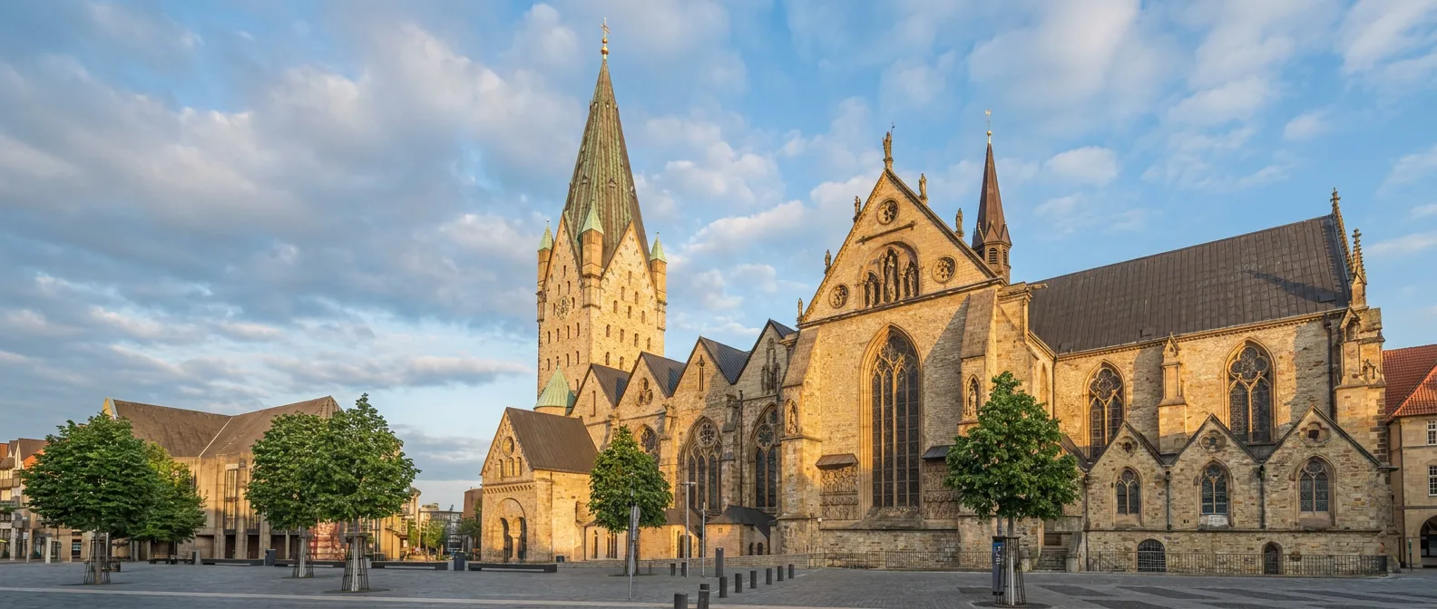 Paderborner Dom mit mächtigem Westturm und grüner Turmspitze am Domplatz im warmen Abendlicht