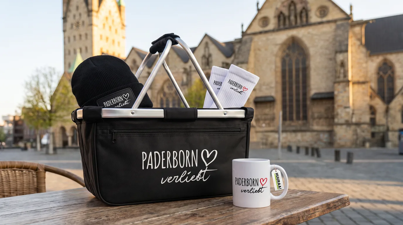 Schwarzer Einkaufskorb „Paderborn verliebt“ mit Beanie und Socken, daneben eine Kaffeetasse, auf dem Domplatz vor dem Paderborner Dom