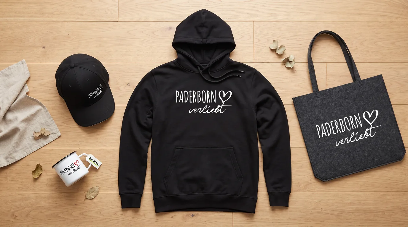 Flatlay mit schwarzem Hoodie „Paderborn verliebt“, Cap, Emaille-Tasse und grauem Filzshopper auf Holzboden