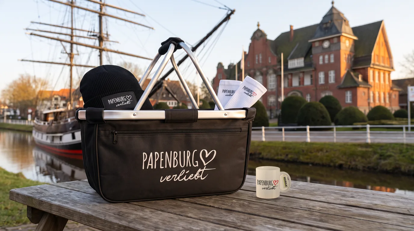 Schwarzer Einkaufskorb Papenburg verliebt mit Beanie und Socken, daneben eine weiße Kaffeetasse auf einem Holztisch am Kanal vor Rathaus und Brigg
