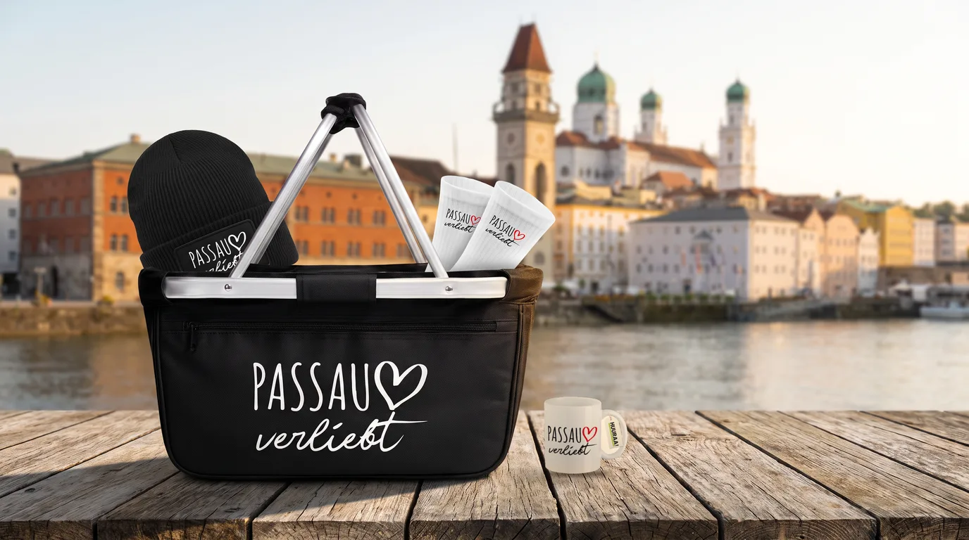 Schwarzer Einkaufskorb Passau verliebt mit Beanie und Socken, daneben die Kaffeetasse, an der Donau vor der Passauer Altstadt