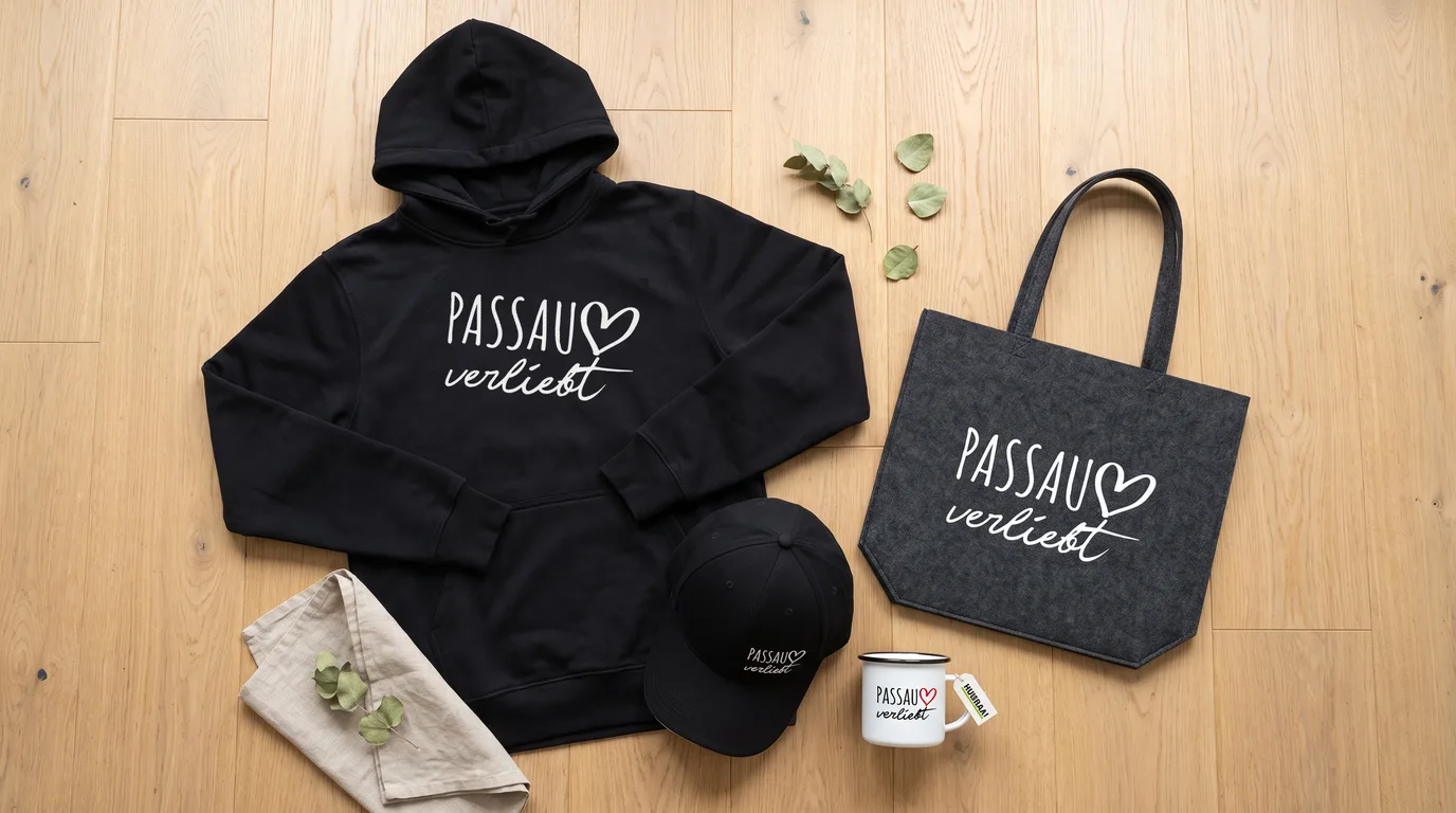 Flatlay mit schwarzem Hoodie Passau verliebt, Cappy, Emaille-Tasse und grauem Filzshopper auf Holzboden