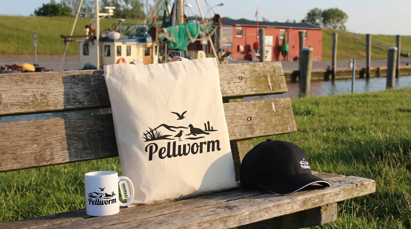 Naturfarbener Jutebeutel, schwarze Cappy und Kaffeetasse mit Pellworm Strandmotiv auf einer Holzbank am Hafen mit Krabbenkutter