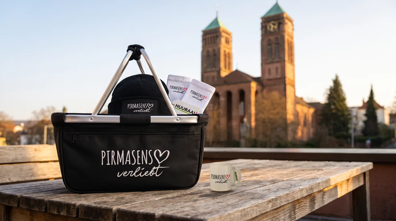 Schwarzer Einkaufskorb Pirmasens verliebt mit Beanie und Socken, daneben die weiße Kaffeetasse, auf einem Holztisch vor der Kirche St. Pirmin