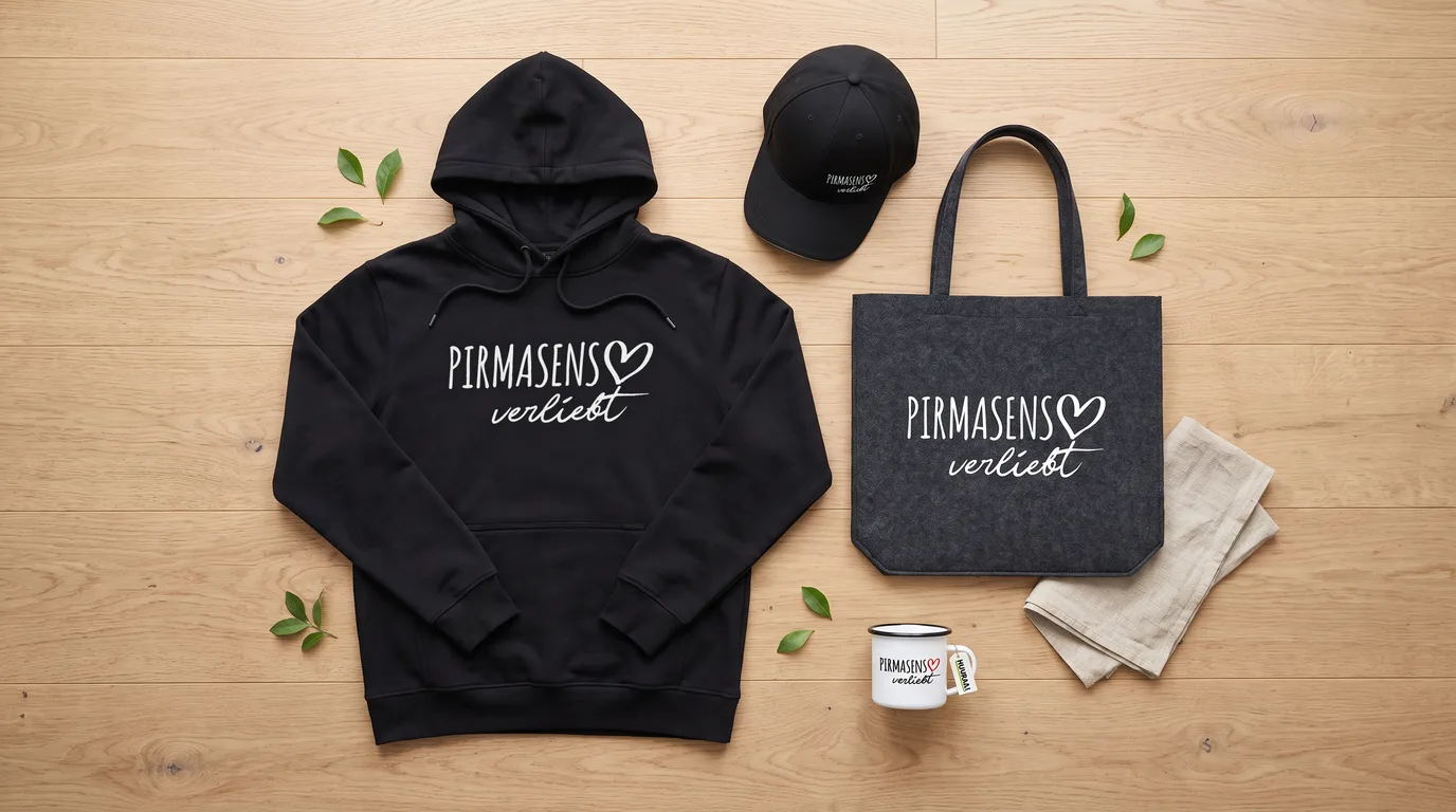 Flatlay mit schwarzem Hoodie Pirmasens verliebt, Cappy, Emaille-Tasse und grauem Filzshopper auf hellem Holzboden