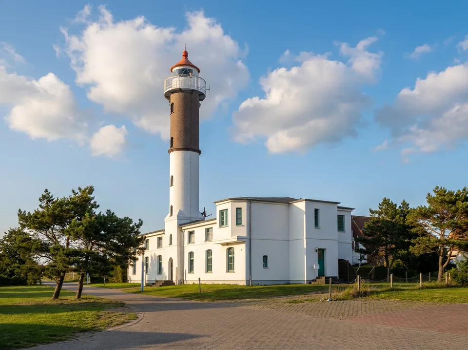 Leuchtturm Timmendorf auf Poel mit weißem Unterteil und Backstein-Oberteil, eingebaut in das weiße Lotsenhaus
