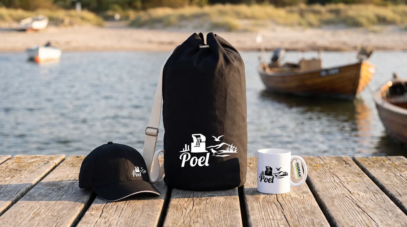 Schwarzer Seesack, Cappy und Kaffeetasse mit Poel Strandmotiv auf einem Holzsteg am Hafen