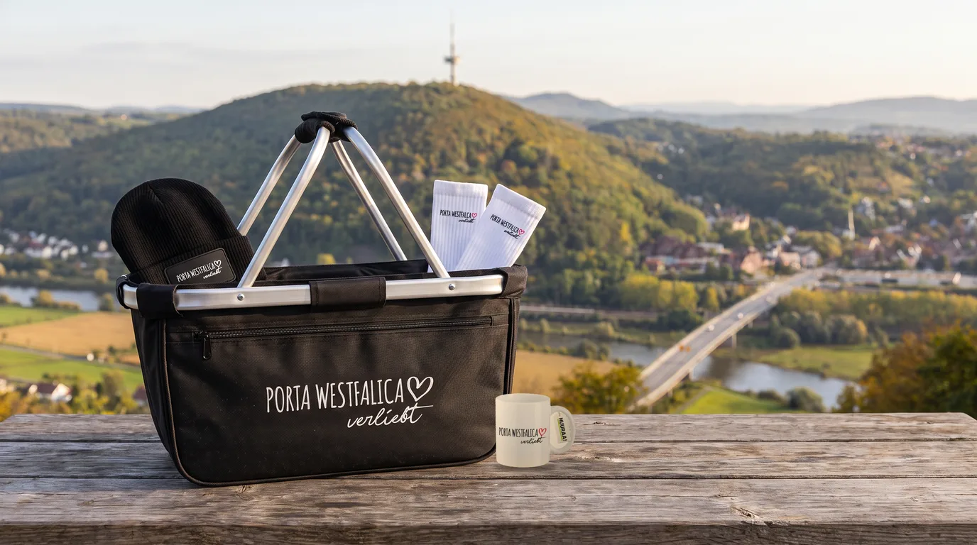Schwarzer Einkaufskorb Porta Westfalica verliebt mit Beanie und Socken, daneben eine weiße Kaffeetasse auf einem Holztisch über dem Wesertal mit Jakobsberg
