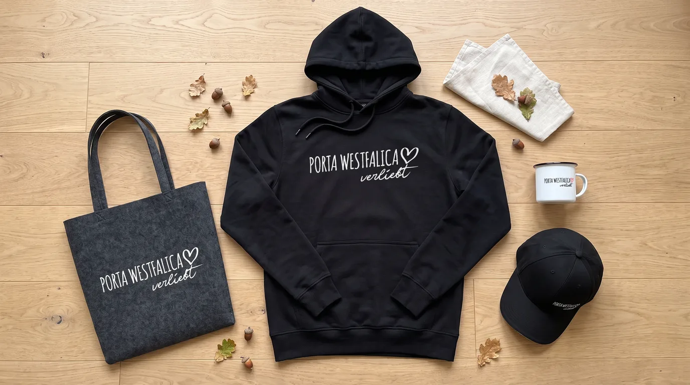 Flatlay mit schwarzem Hoodie Porta Westfalica verliebt, grauem Filzshopper, schwarzer Cappy und Emaille-Tasse auf Holzboden