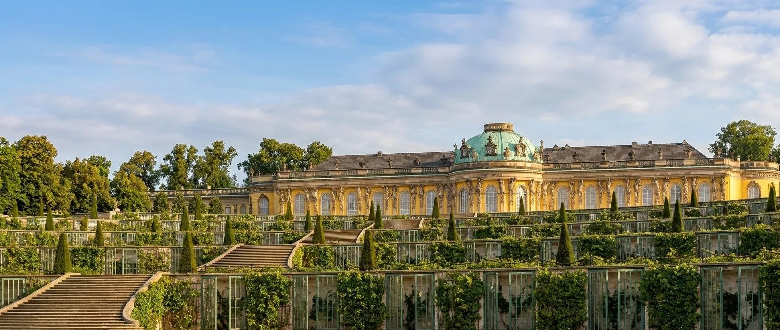 Schloss Sanssouci mit grüner Kuppel über den Weinbergterrassen in Potsdam im goldenen Abendlicht