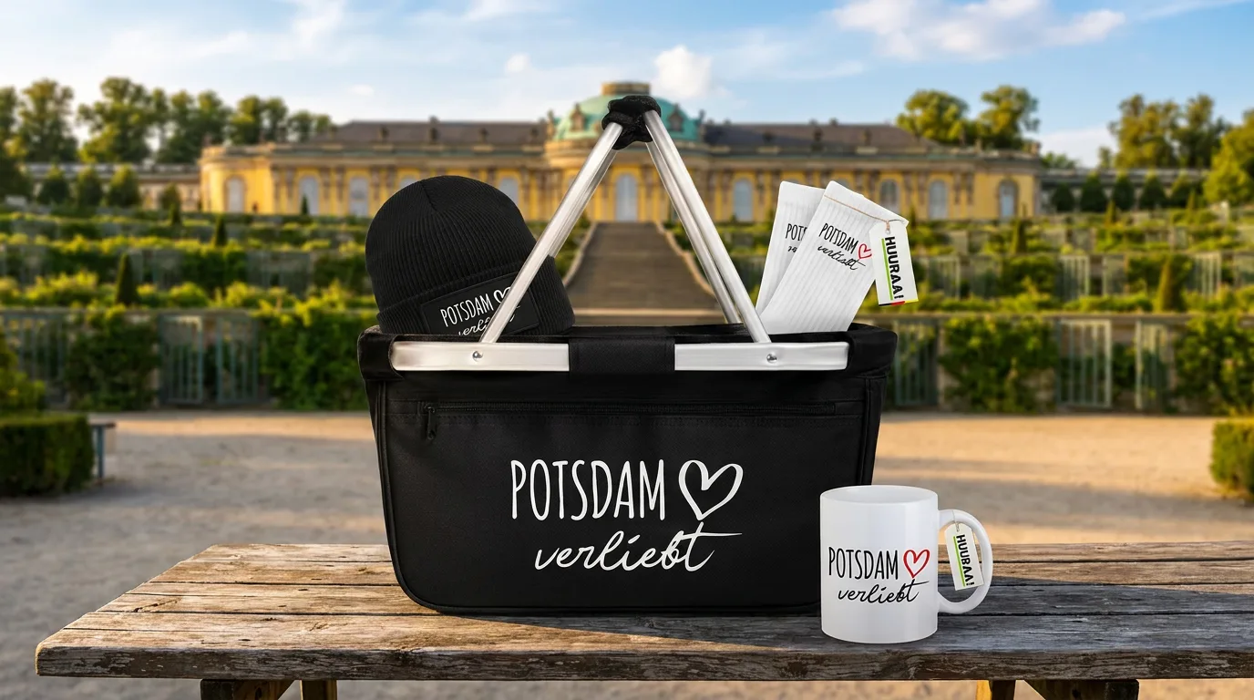 Schwarzer Einkaufskorb Potsdam verliebt mit Beanie und Socken, daneben die Kaffeetasse, im Hintergrund Schloss Sanssouci