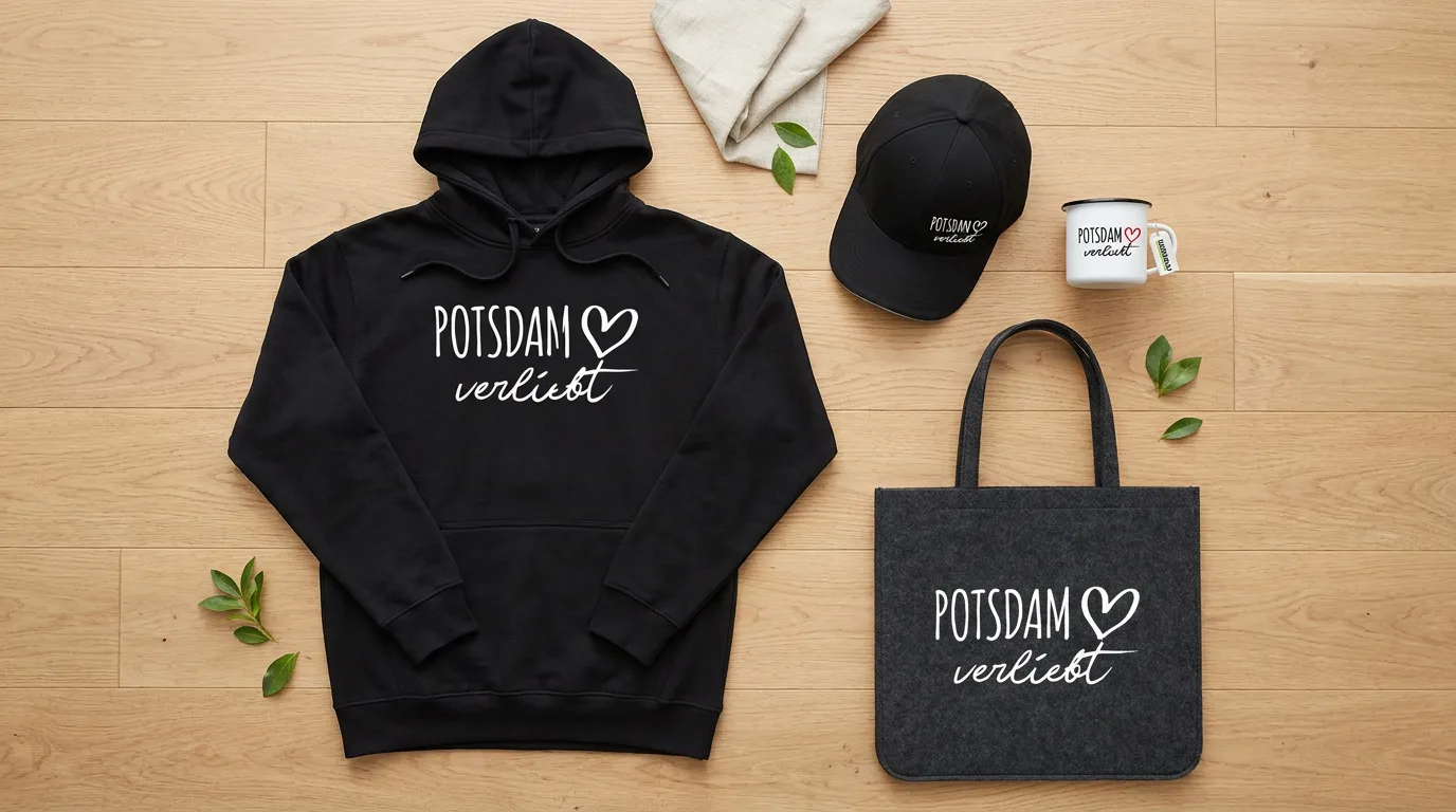 Flatlay mit schwarzem Hoodie, Cappy, Emaille-Tasse und Filzshopper mit Aufdruck Potsdam verliebt auf Holzboden