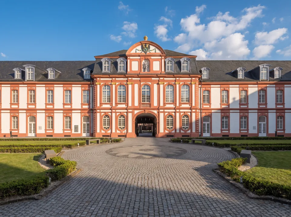 Das barocke Prälaturgebäude der Abtei Brauweiler mit rot-weißer Fassade und rundem Pflasterhof