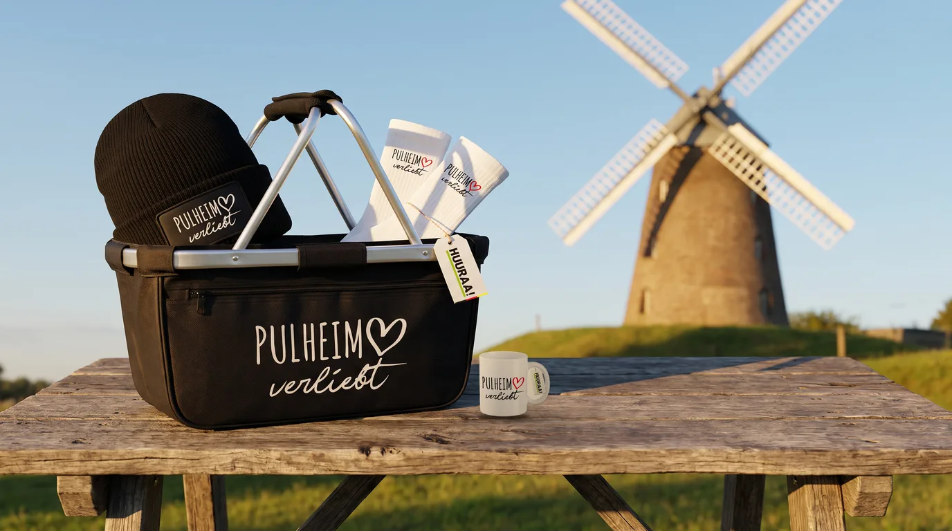 Faltbarer Einkaufskorb Pulheim verliebt mit Beanie und Socken, daneben eine Kaffeetasse, auf einem Holztisch vor der Stommelner Windmühle