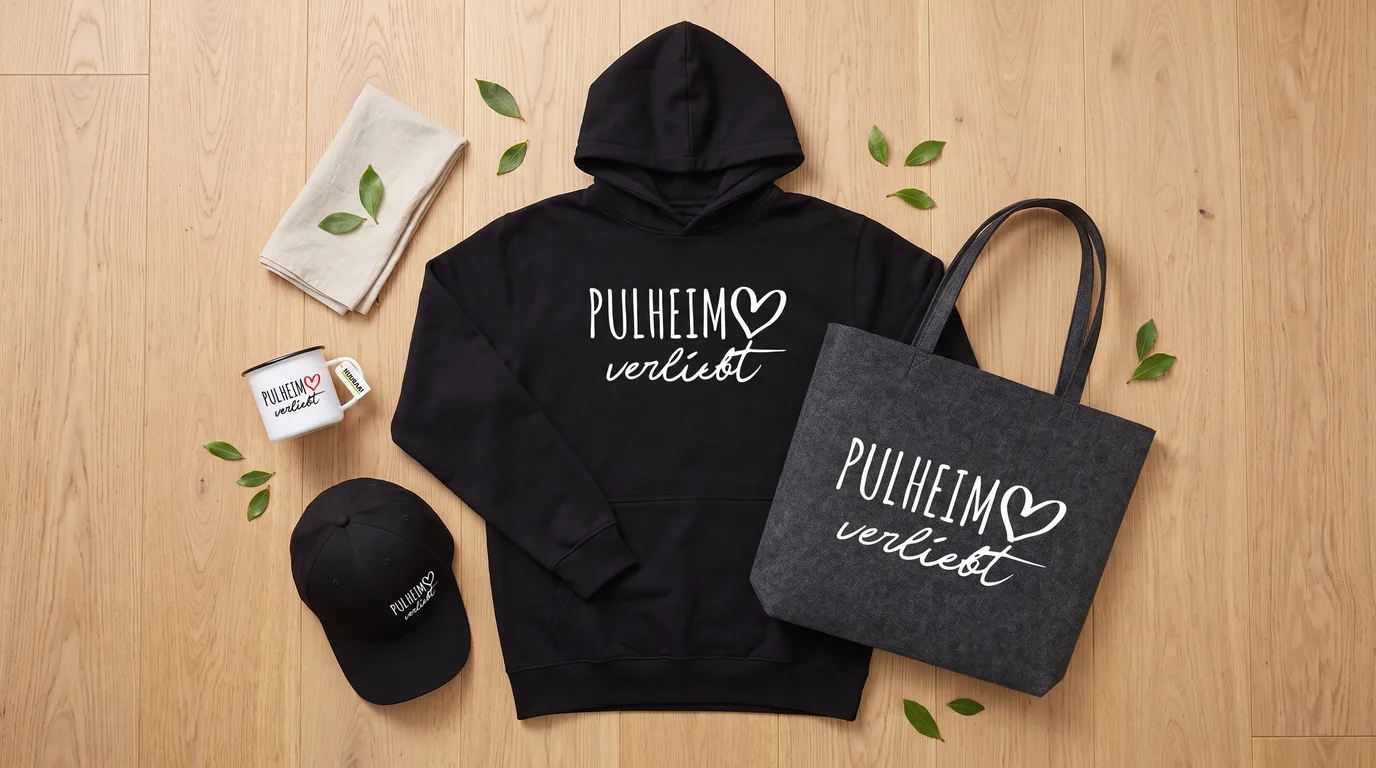 Flatlay mit schwarzem Hoodie, Cap, Emaille-Tasse und Filzshopper mit Pulheim-verliebt-Druck auf Holzboden