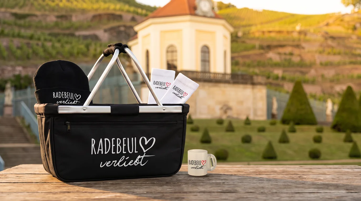 Schwarzer Einkaufskorb Radebeul verliebt mit Beanie und Socken, daneben die Kaffeetasse, auf einem Holztisch vor dem Belvedere von Schloss Wackerbarth