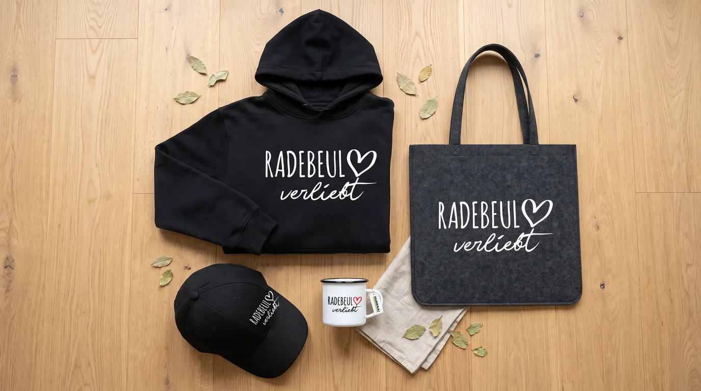 Flatlay mit schwarzem Hoodie Radebeul verliebt, grauem Filzshopper, schwarzer Cappy und Emaille-Tasse auf hellem Holzboden