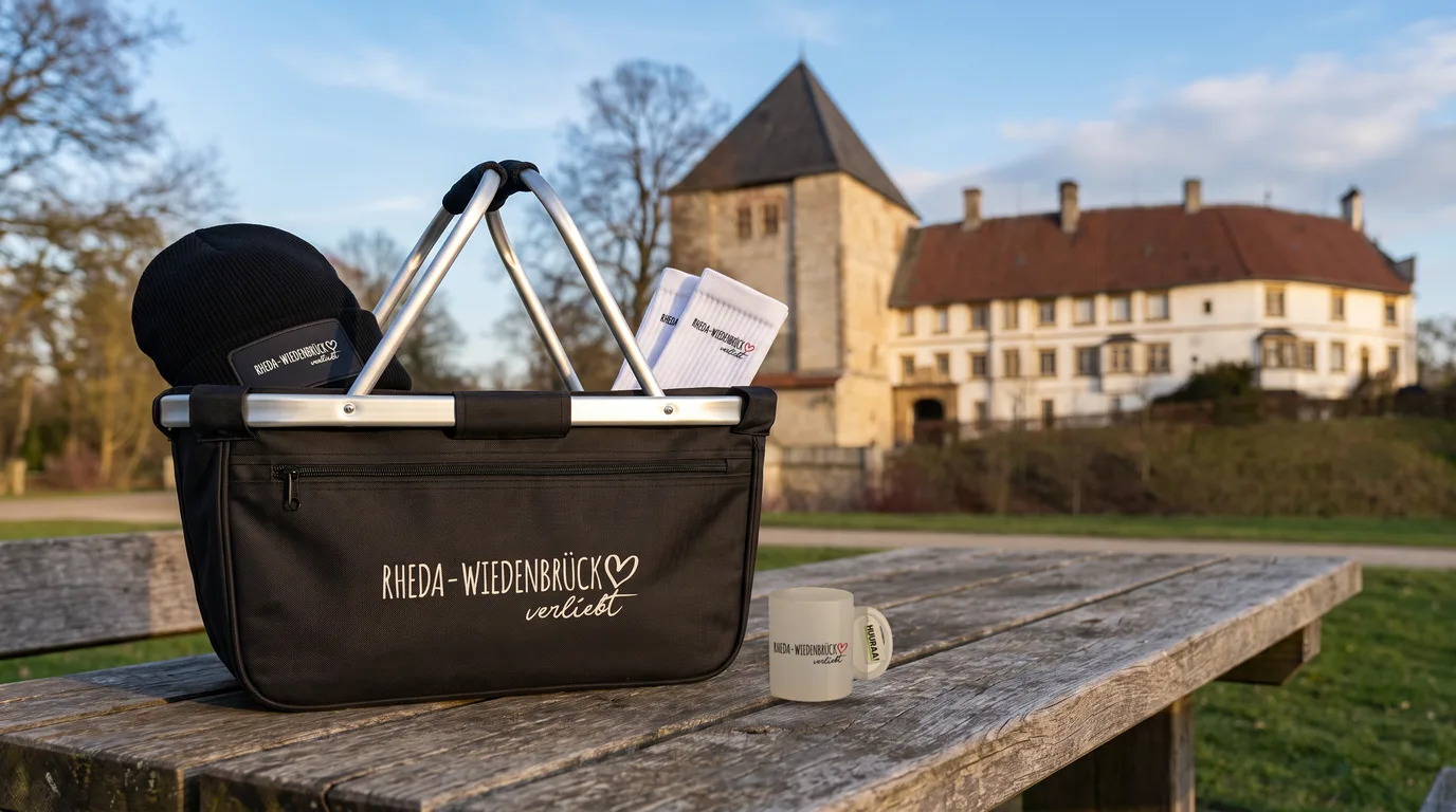 Schwarzer Einkaufskorb Rheda-Wiedenbrück verliebt mit Beanie und Socken, daneben die Kaffeetasse, auf einem Holztisch vor Schloss Rheda