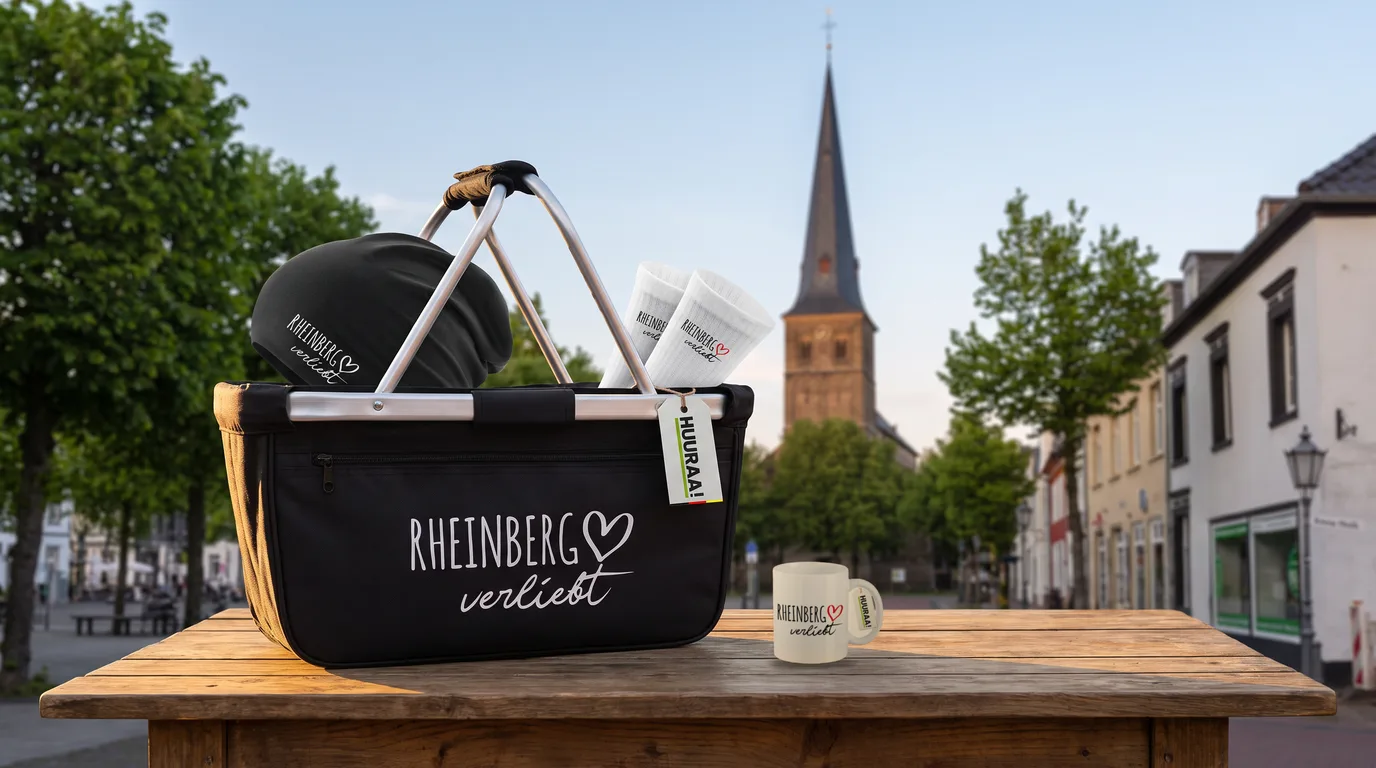 Einkaufskorb Rheinberg verliebt mit Beanie und Socken, daneben eine weiße Kaffeetasse, auf einem Holztisch vor dem Turm von St. Peter