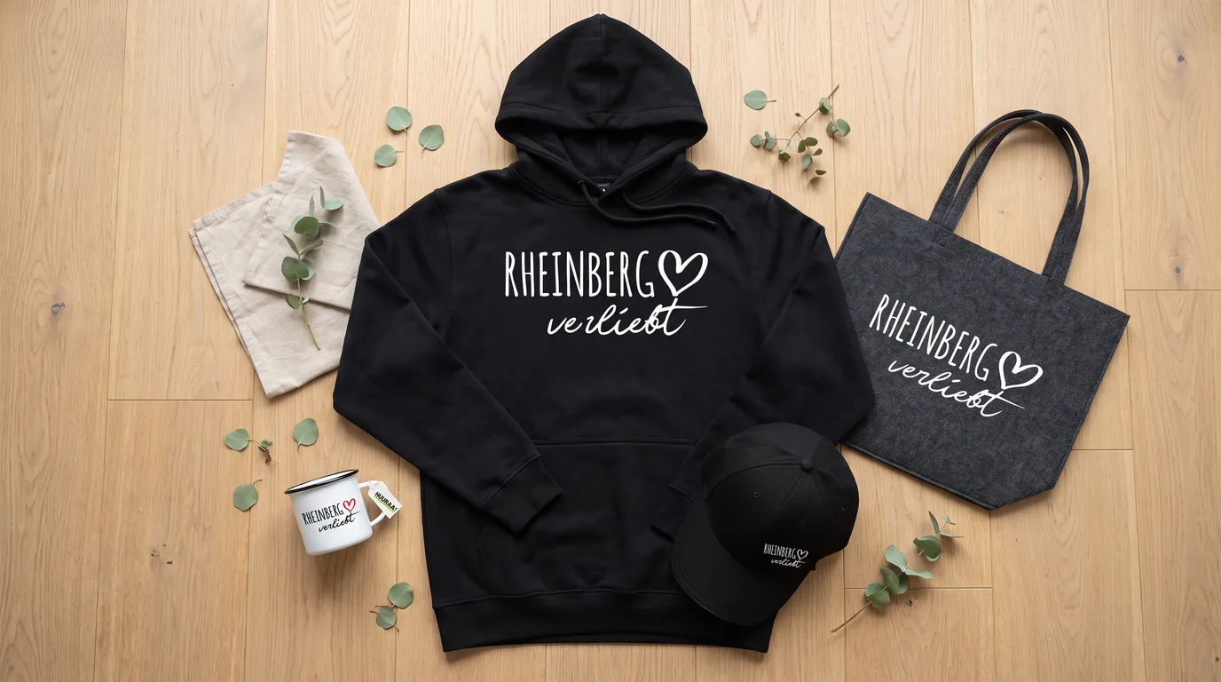 Flatlay mit schwarzem Hoodie, Cappy, Emaille-Tasse und Filzshopper mit Rheinberg-verliebt-Druck auf Holzboden