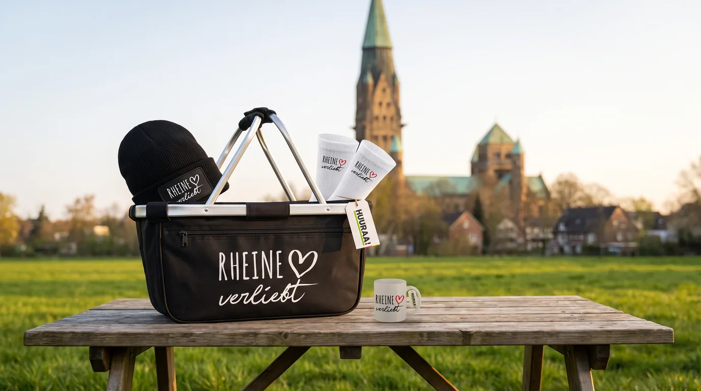 Schwarzer faltbarer Einkaufskorb „Rheine verliebt“ mit Beanie und weißen Socken, daneben die Kaffeetasse, auf einem Holztisch vor der Basilika St. Antonius