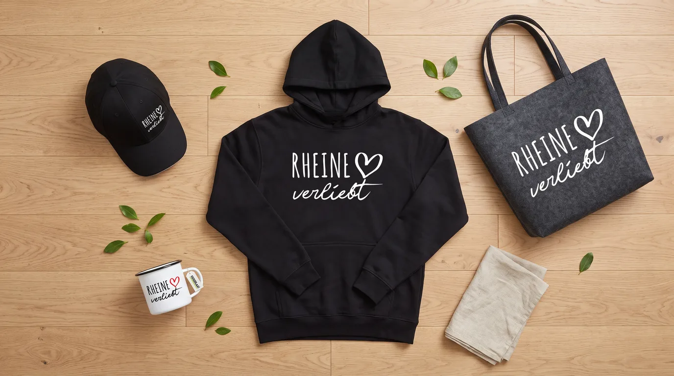 Flatlay mit schwarzem Hoodie „Rheine verliebt“, Cappy, Emaille-Tasse und grauem Filzshopper auf hellem Holzboden