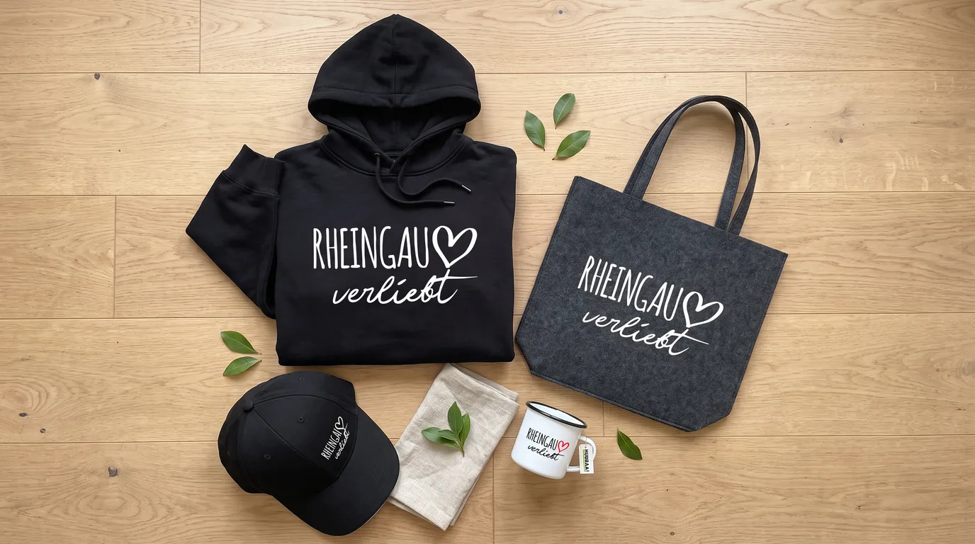 Flatlay mit schwarzem Hoodie, Cappy, Emaille-Tasse und grauem Filzshopper „Rheingau verliebt“ auf Holzboden