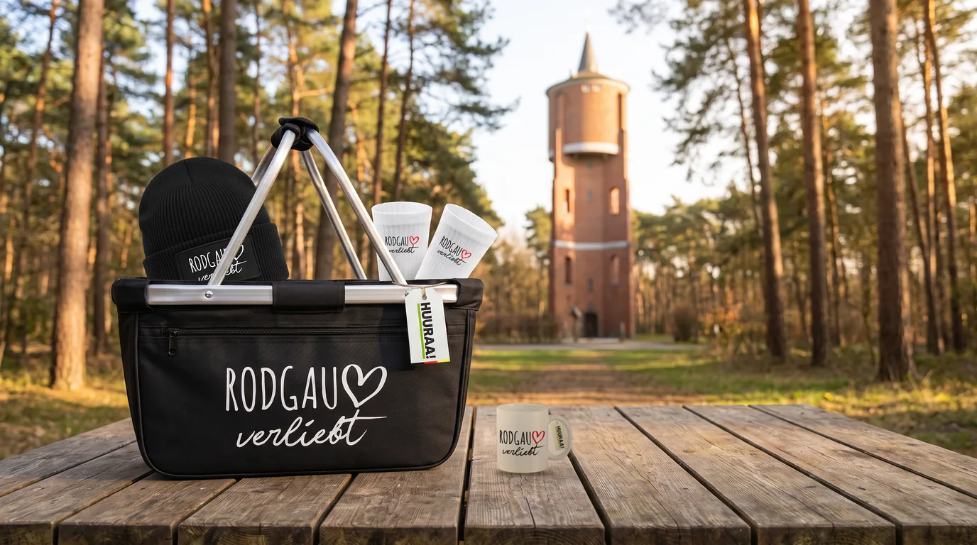 Schwarzer Einkaufskorb Rodgau verliebt mit Beanie und Socken, daneben die Kaffeetasse, vor dem Wasserturm im Kiefernwald