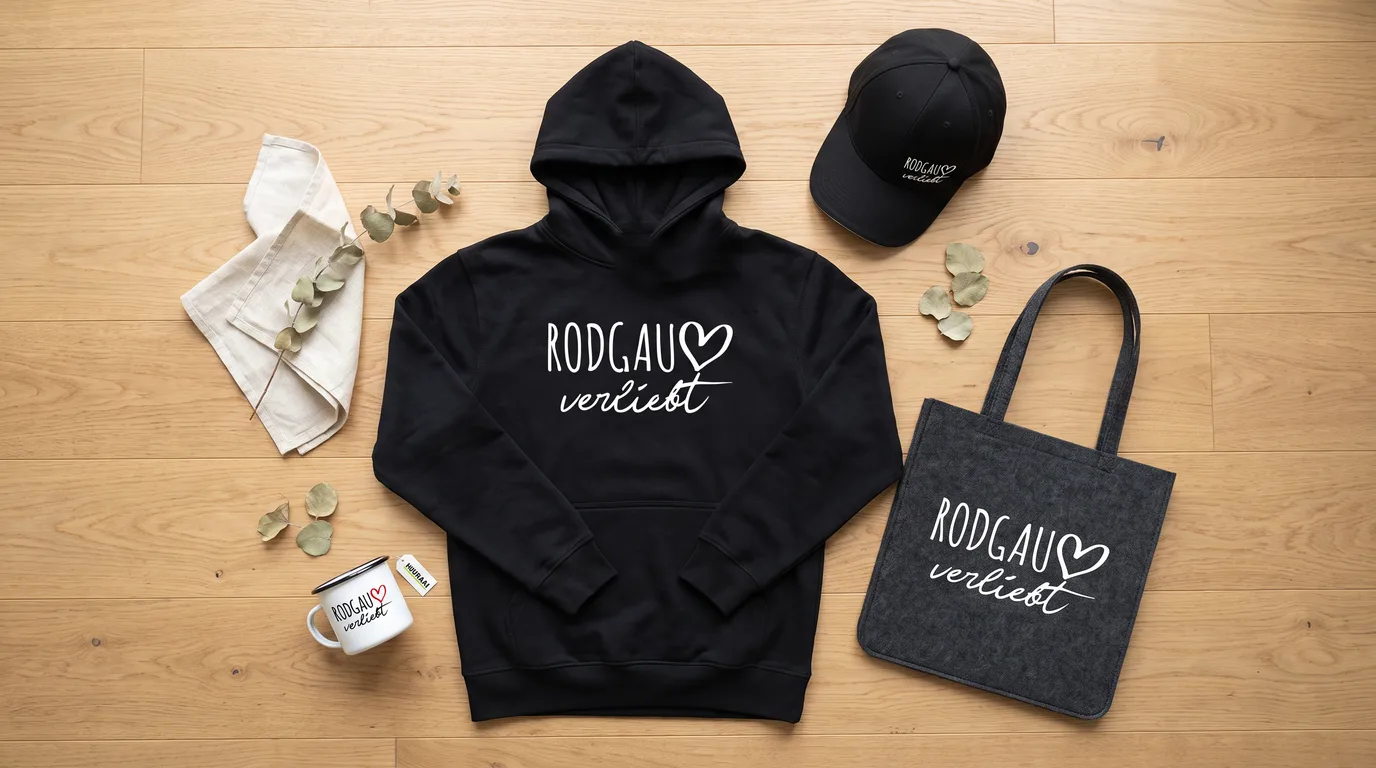 Flatlay mit schwarzem Hoodie Rodgau verliebt, Cappy, Emaille-Tasse und grauem Filzshopper auf Holzboden