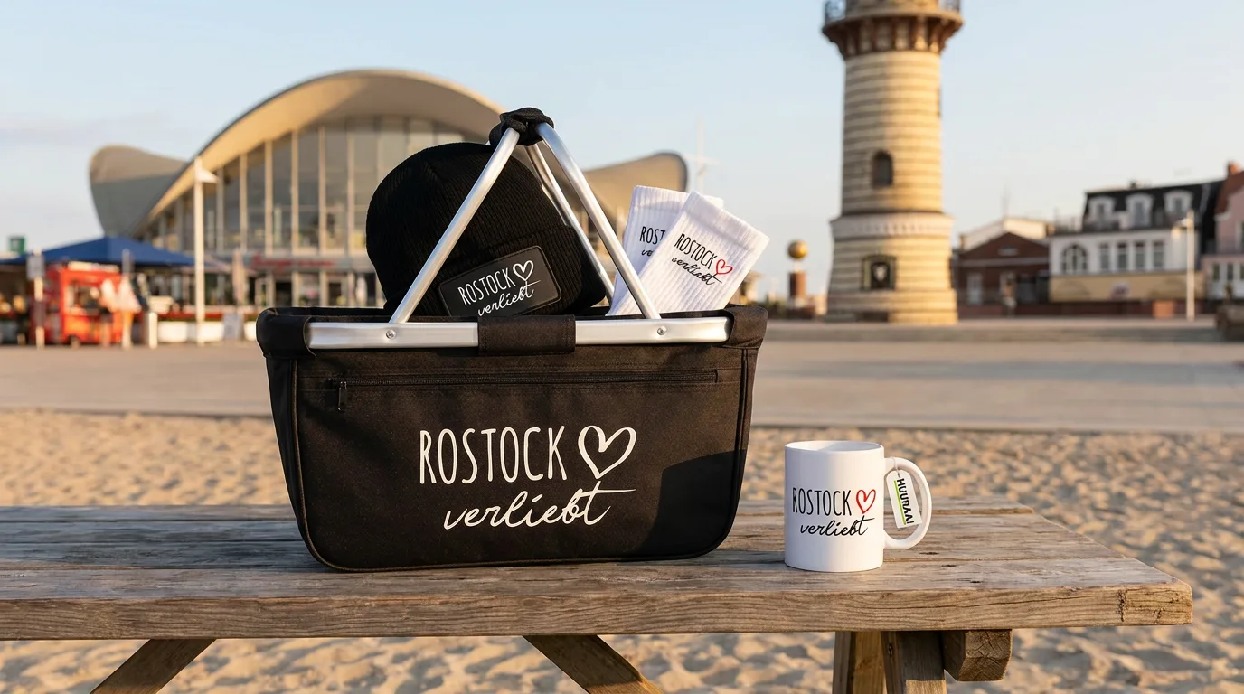 Schwarzer Einkaufskorb Rostock verliebt mit Beanie und Socken, daneben die Kaffeetasse, im Hintergrund Teepott und Leuchtturm Warnemünde