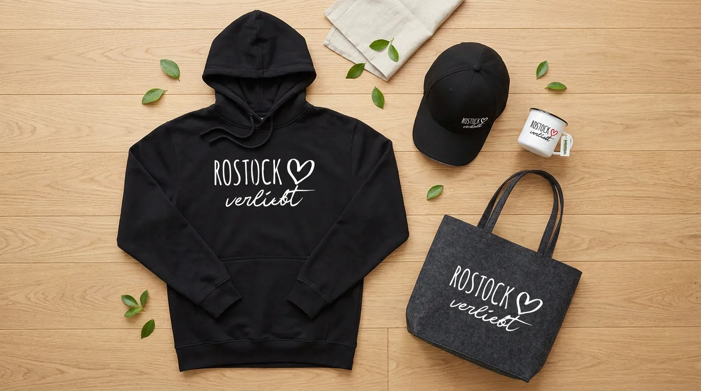 Flatlay mit schwarzem Hoodie, Cappy, Emaille-Tasse und Filzshopper mit Aufdruck Rostock verliebt auf Holzboden