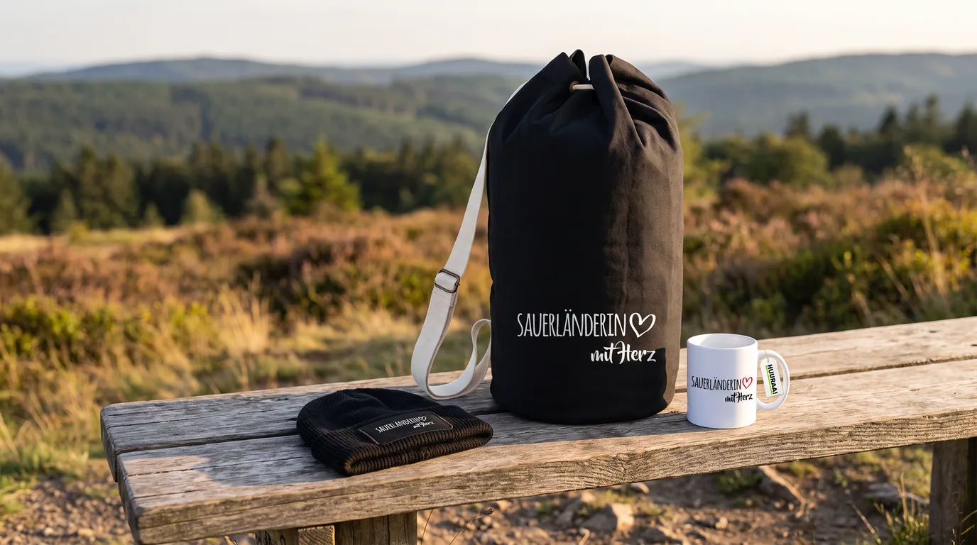 Schwarzer Seesack, Beanie und Kaffeetasse „Sauerländerin mit Herz“ auf einer Holzbank vor Heide und bewaldeten Bergen