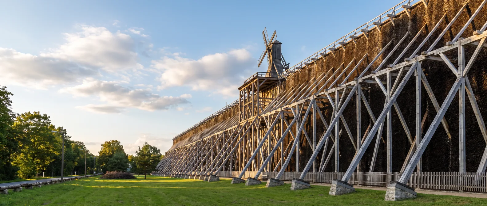 Das hölzerne Gradierwerk in Bad Salzelmen mit schrägen Stützbalken, Schwarzdornwand und Windrad im warmen Abendlicht