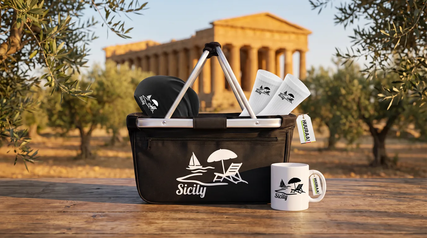 Schwarzer faltbarer Einkaufskorb „Sicily“ mit Beanie und Socken, daneben die Kaffeetasse, im Olivenhain vor dem Concordiatempel in Agrigent