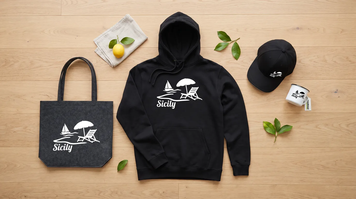 Flatlay mit schwarzem Hoodie, grauem Filzshopper, Cappy und Emaille-Tasse mit Sicily-Strandmotiv auf hellem Holzboden, dazu eine Zitrone