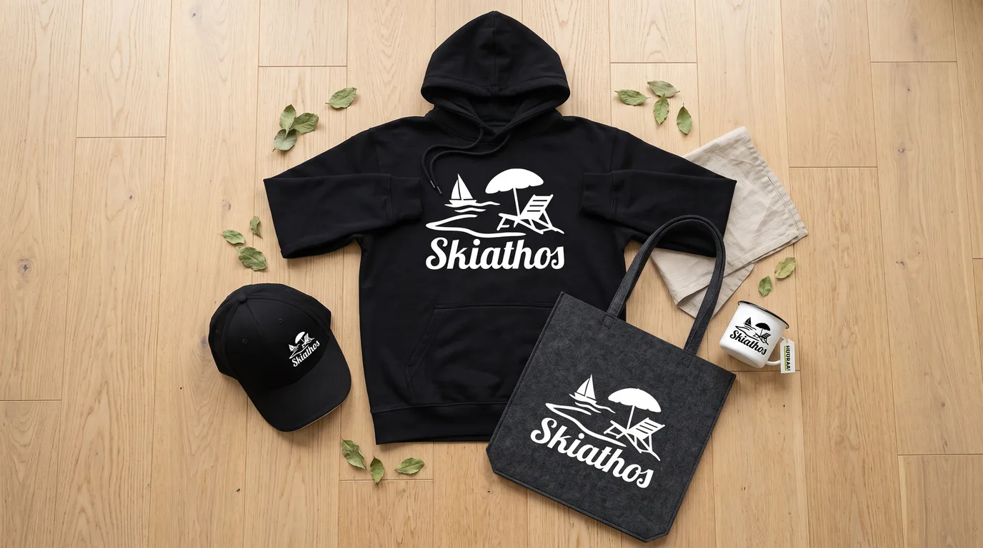 Flatlay mit schwarzem Hoodie, Cappy, Emaille-Tasse und grauem Filzshopper, alle mit Skiathos-Inselmotiv, auf hellem Holzboden