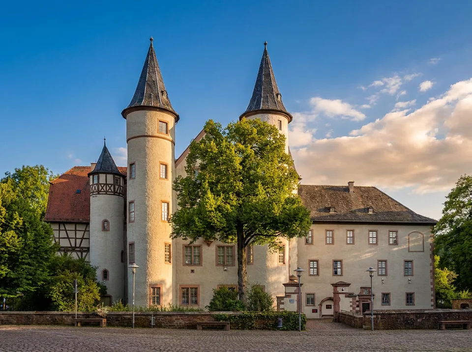 Lohrer Schloss mit zwei runden Türmen und spitzen Schieferhauben, davor ein Baum